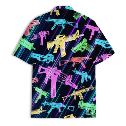 Back view of a colorful gun print Hawaiian shirt with diagonal neon accents