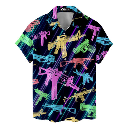 Flat front view of a short-sleeve button-front shirt with a neon firearm graphic pattern