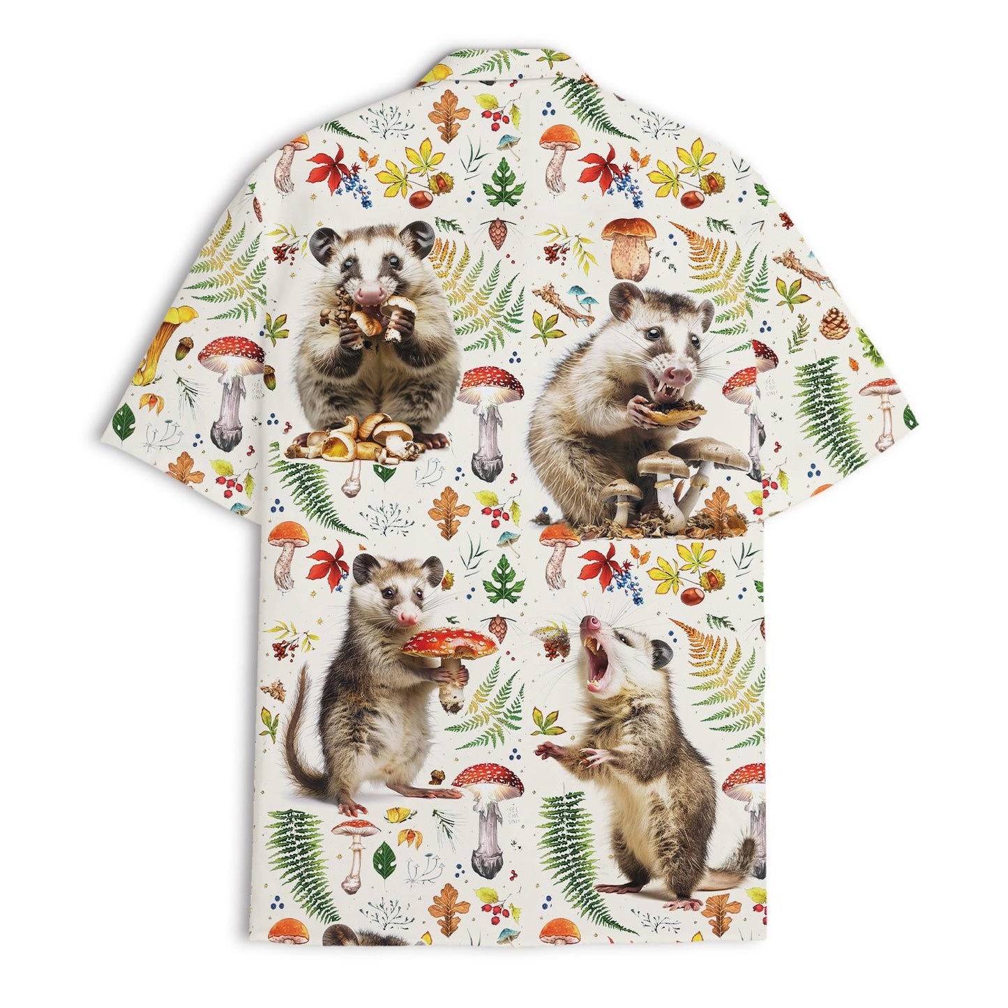 Back view showing the all-over opossum, mushroom and fern pattern on the Hawaiian shirt