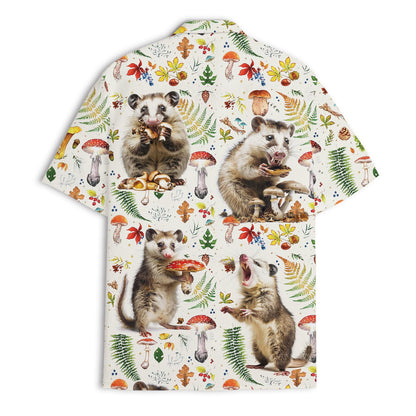 Back view showing the all-over opossum, mushroom and fern pattern on the Hawaiian shirt