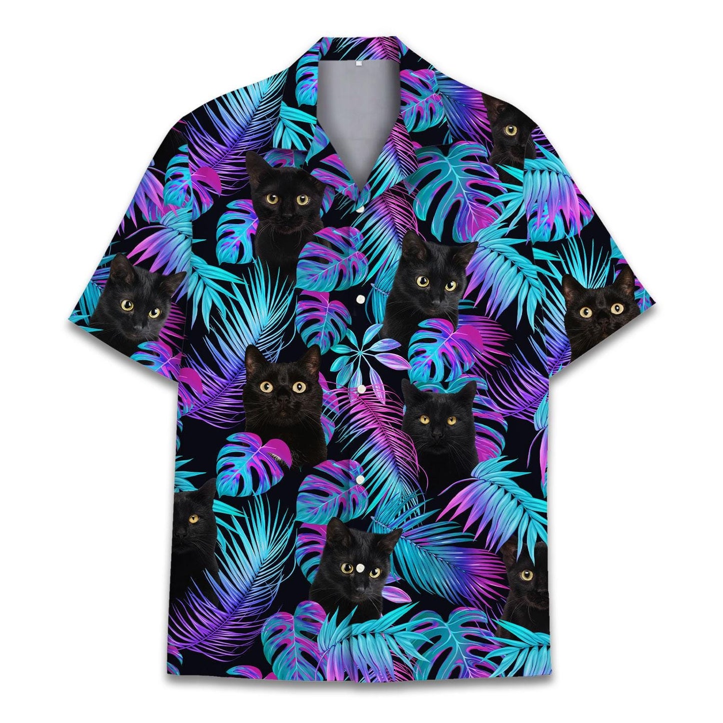 Black cat tropical Hawaiian shirt with neon palm leaf print, front view