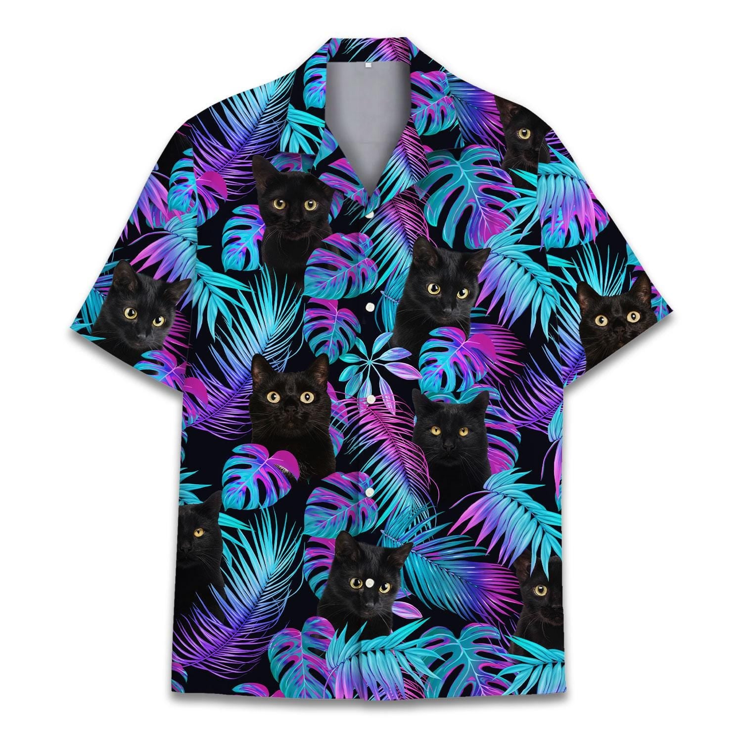 Black cat tropical Hawaiian shirt with neon palm leaf print, front view