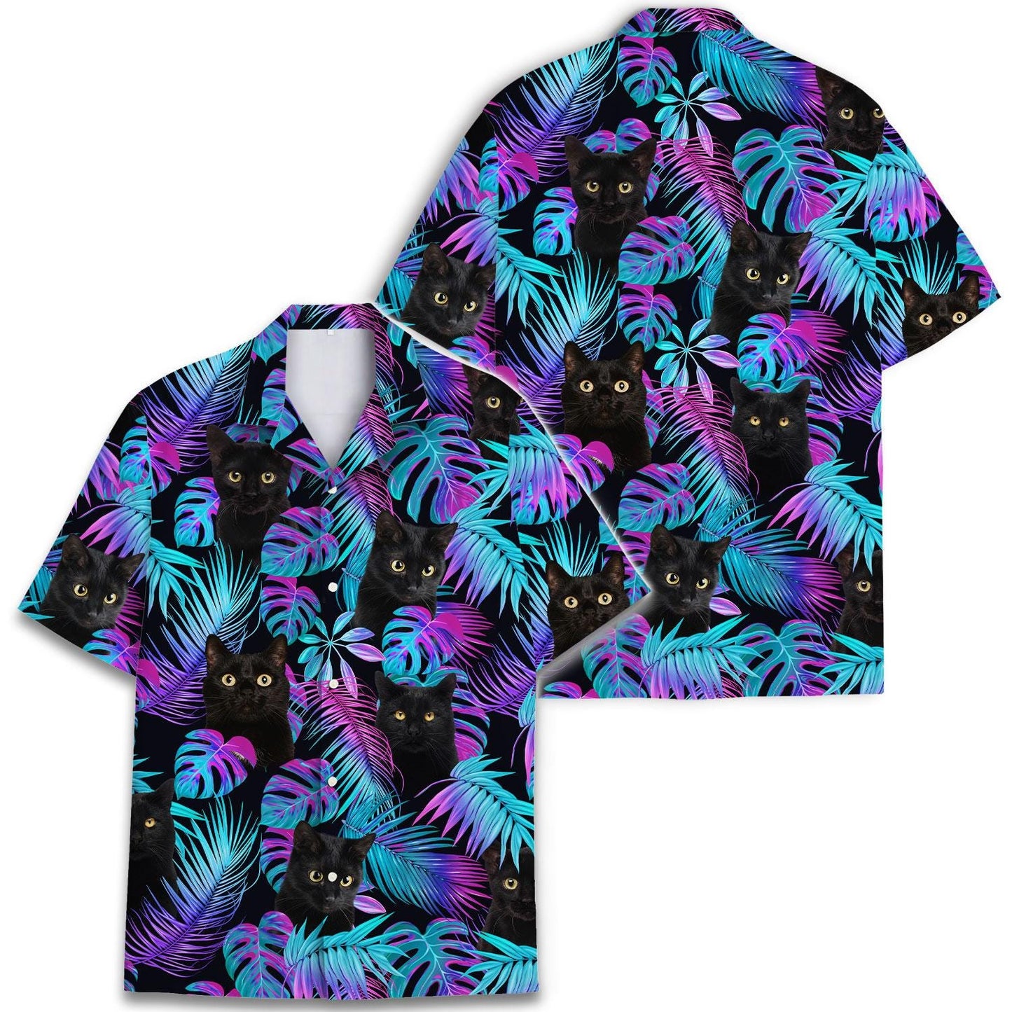 Two black cat Hawaiian shirts featuring neon tropical foliage print
