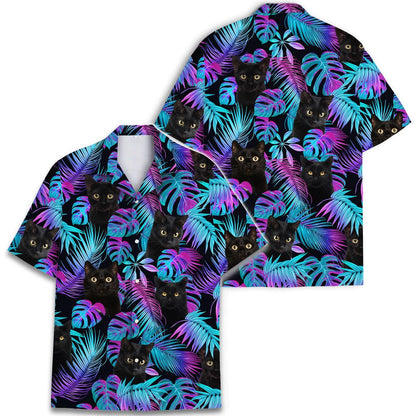 Two black cat Hawaiian shirts featuring neon tropical foliage print