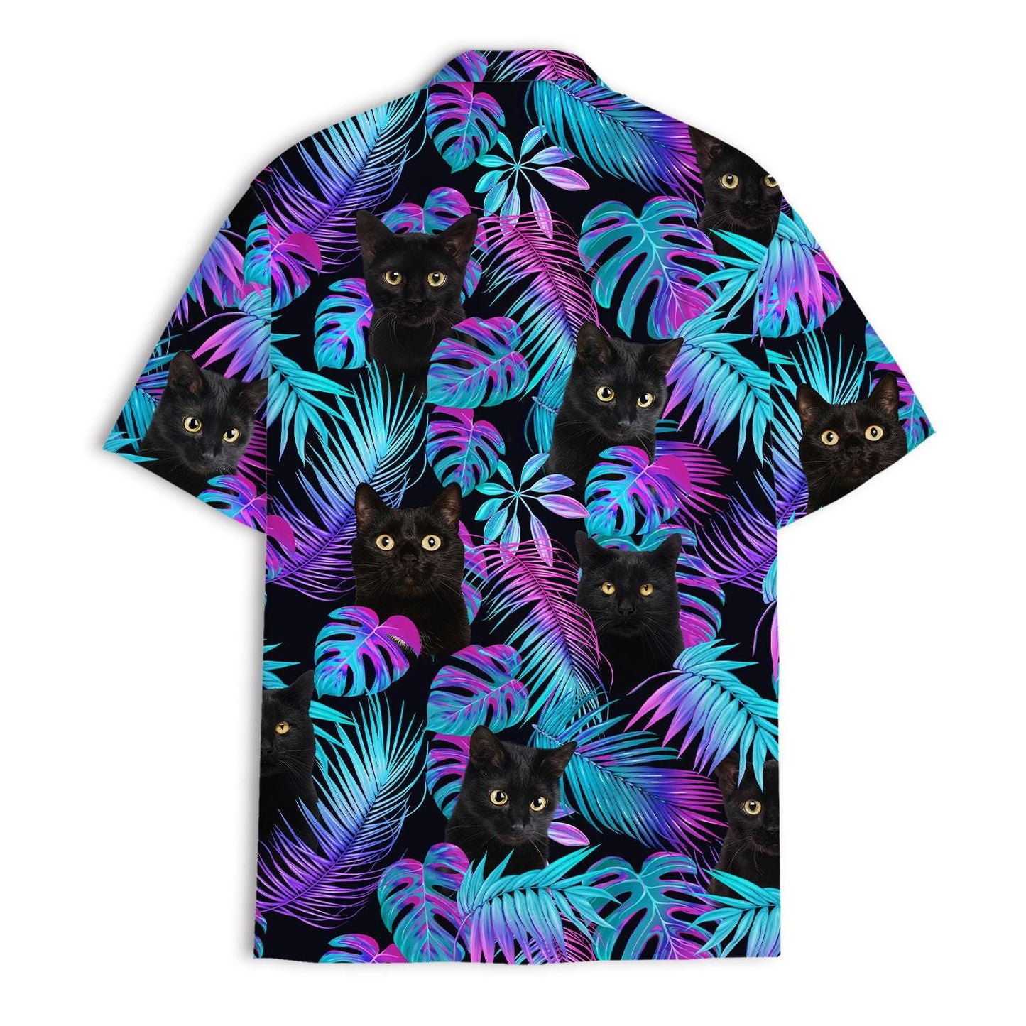 Black cat tropical button-front Hawaiian shirt, front view