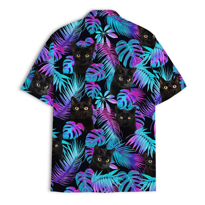 Black cat tropical button-front Hawaiian shirt, front view