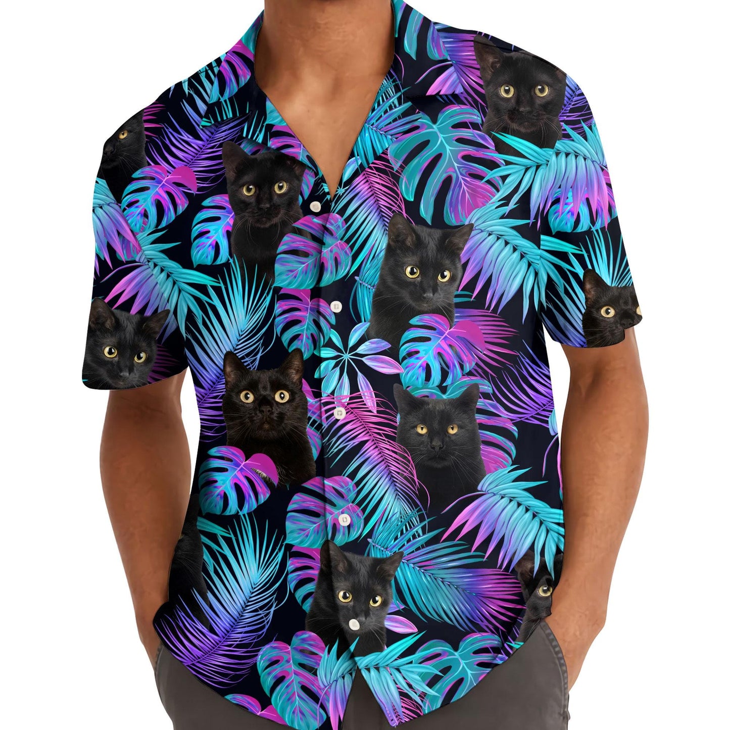 Model wearing a black cat neon tropical Hawaiian shirt