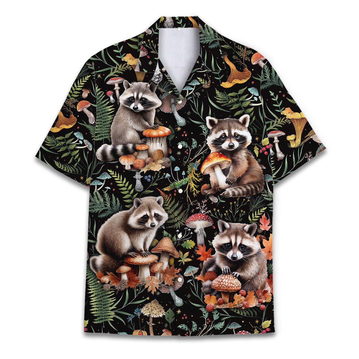 Black Hawaiian shirt with raccoons, mushrooms, ferns, and woodland print