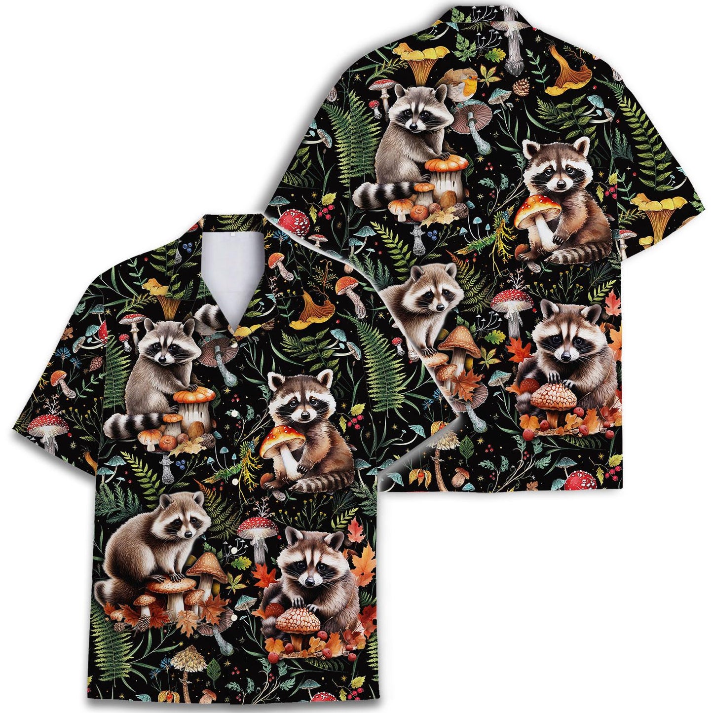 Front and back views of raccoon mushroom Hawaiian shirt