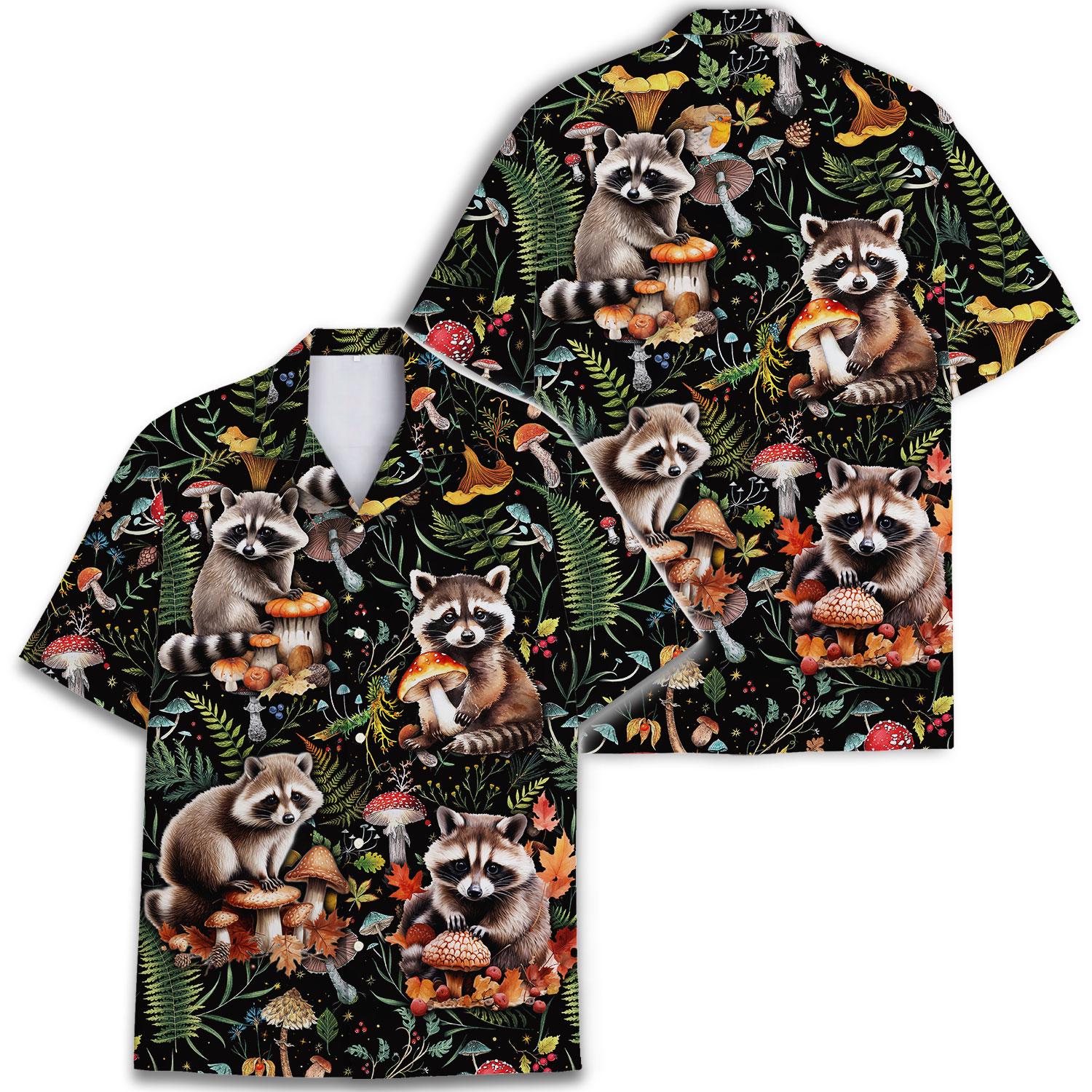 Front and back views of raccoon mushroom Hawaiian shirt