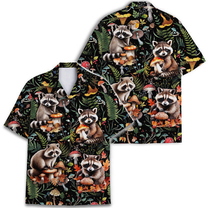 Front and back views of raccoon mushroom Hawaiian shirt