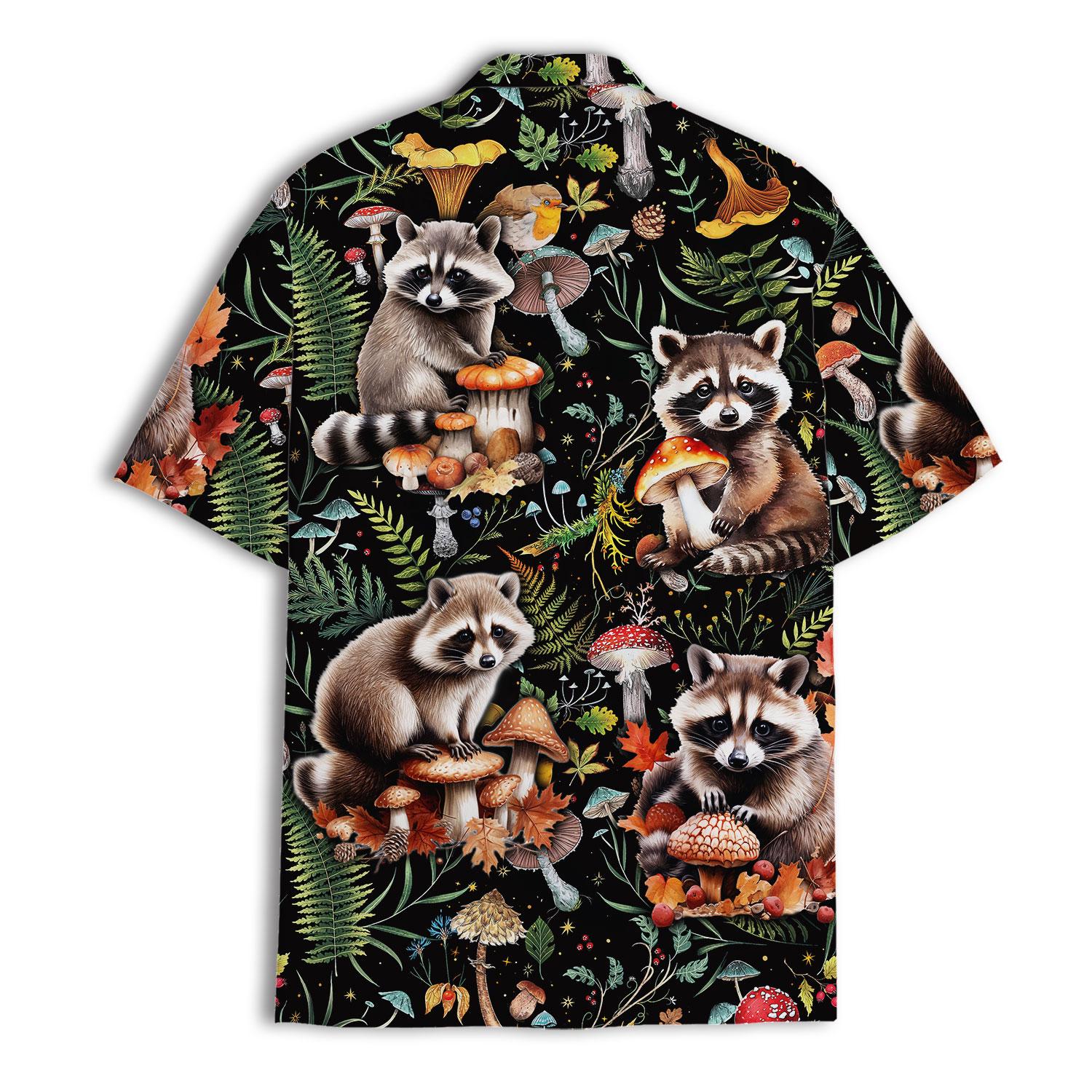 Back view of black woodland raccoon Hawaiian shirt