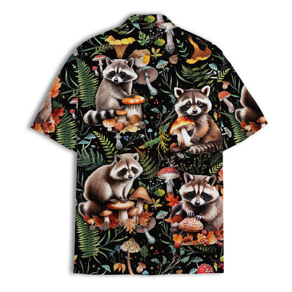 Back view of black woodland raccoon Hawaiian shirt