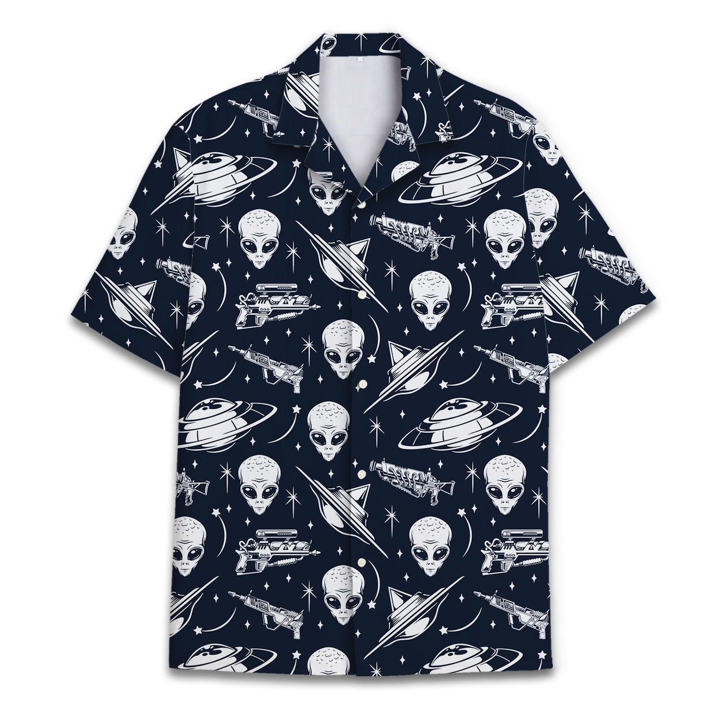 Front view of navy alien UFO Hawaiian shirt with rockets, planets, stars, and short sleeves
