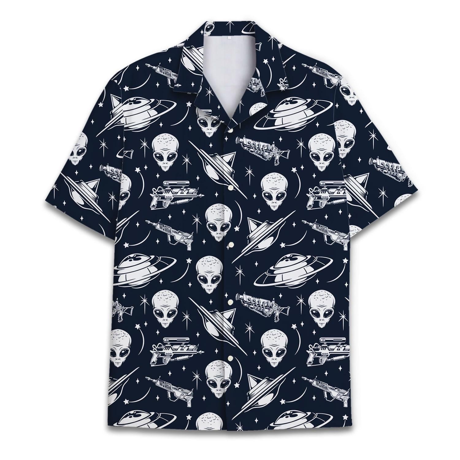 Front view of navy alien UFO Hawaiian shirt with rockets, planets, stars, and short sleeves