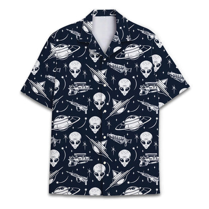 Front view of navy alien UFO Hawaiian shirt with rockets, planets, stars, and short sleeves