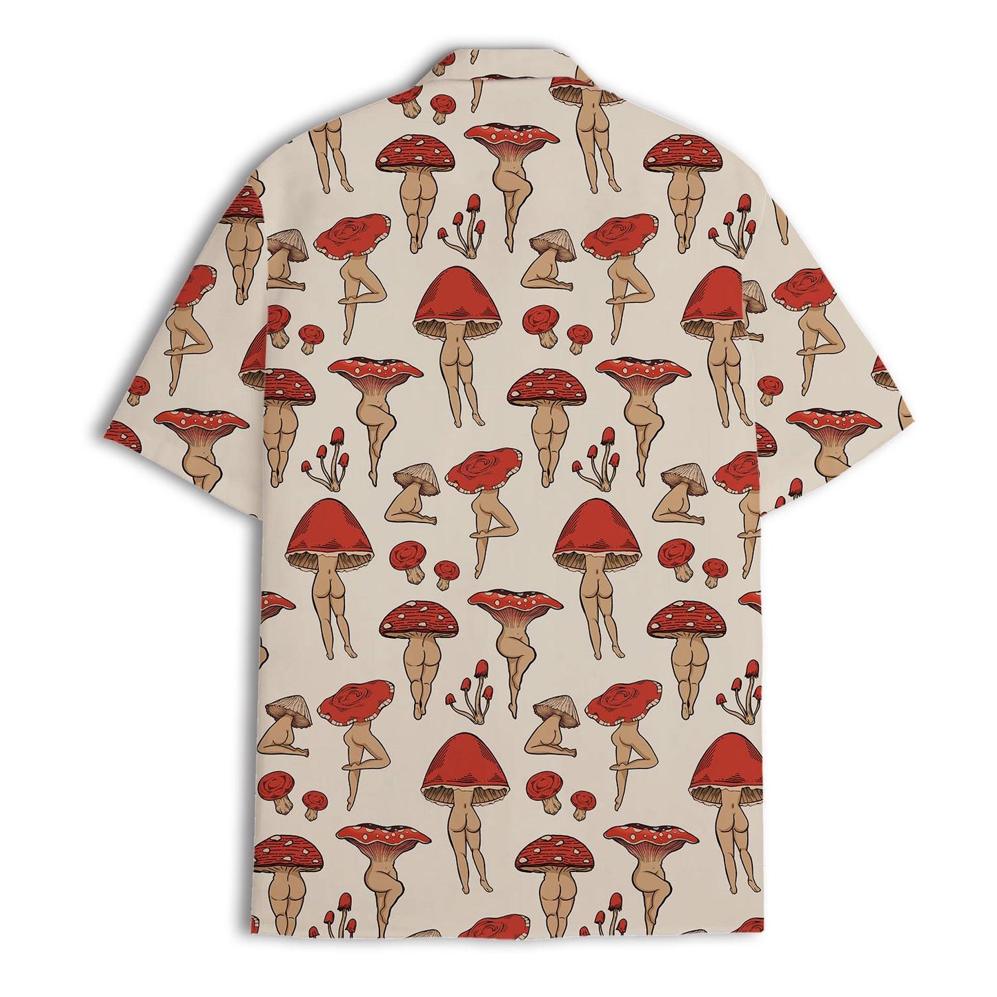 Back view of cream short sleeve Hawaiian shirt with repeating red toadstool artwork
