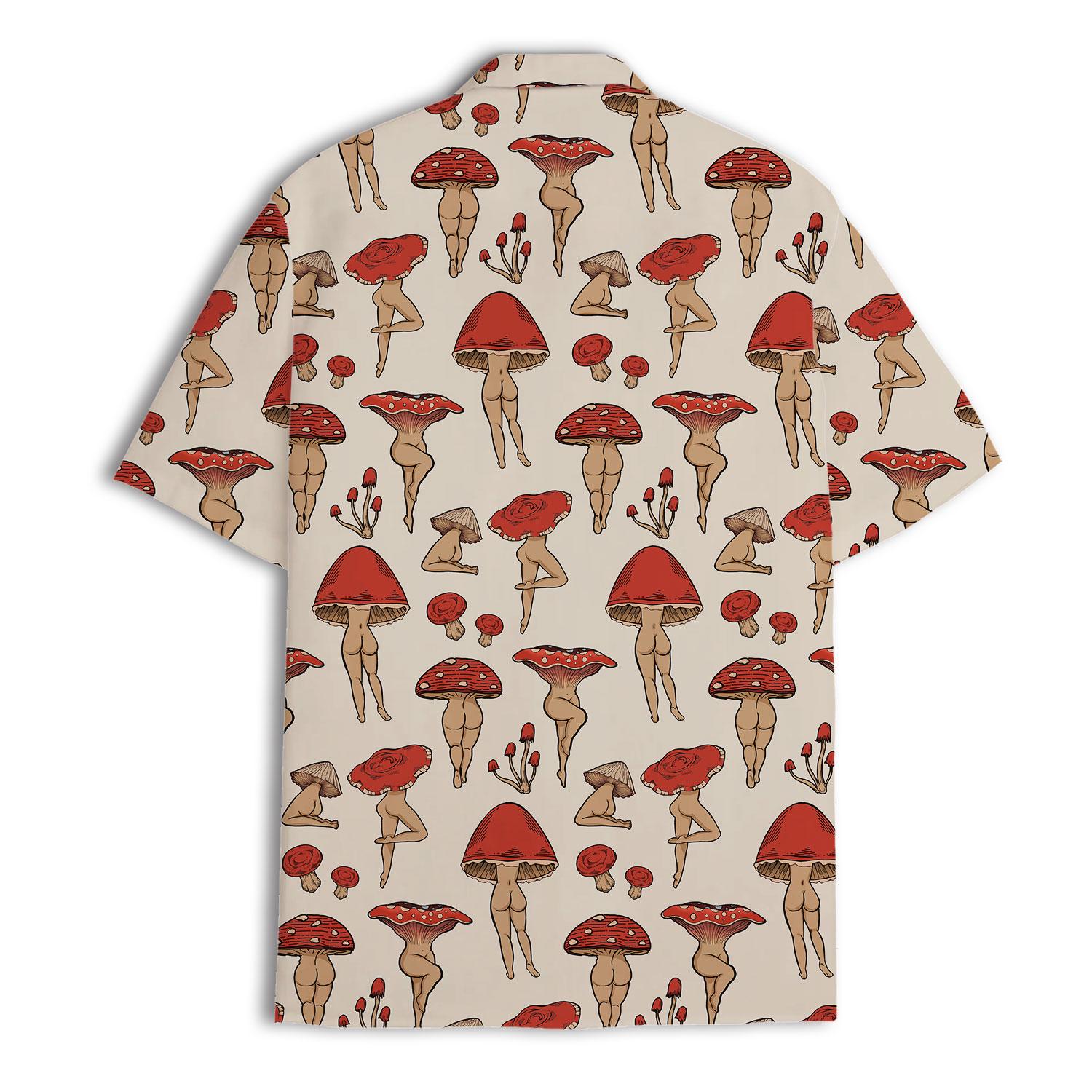 Back view of cream short sleeve Hawaiian shirt with repeating red toadstool artwork