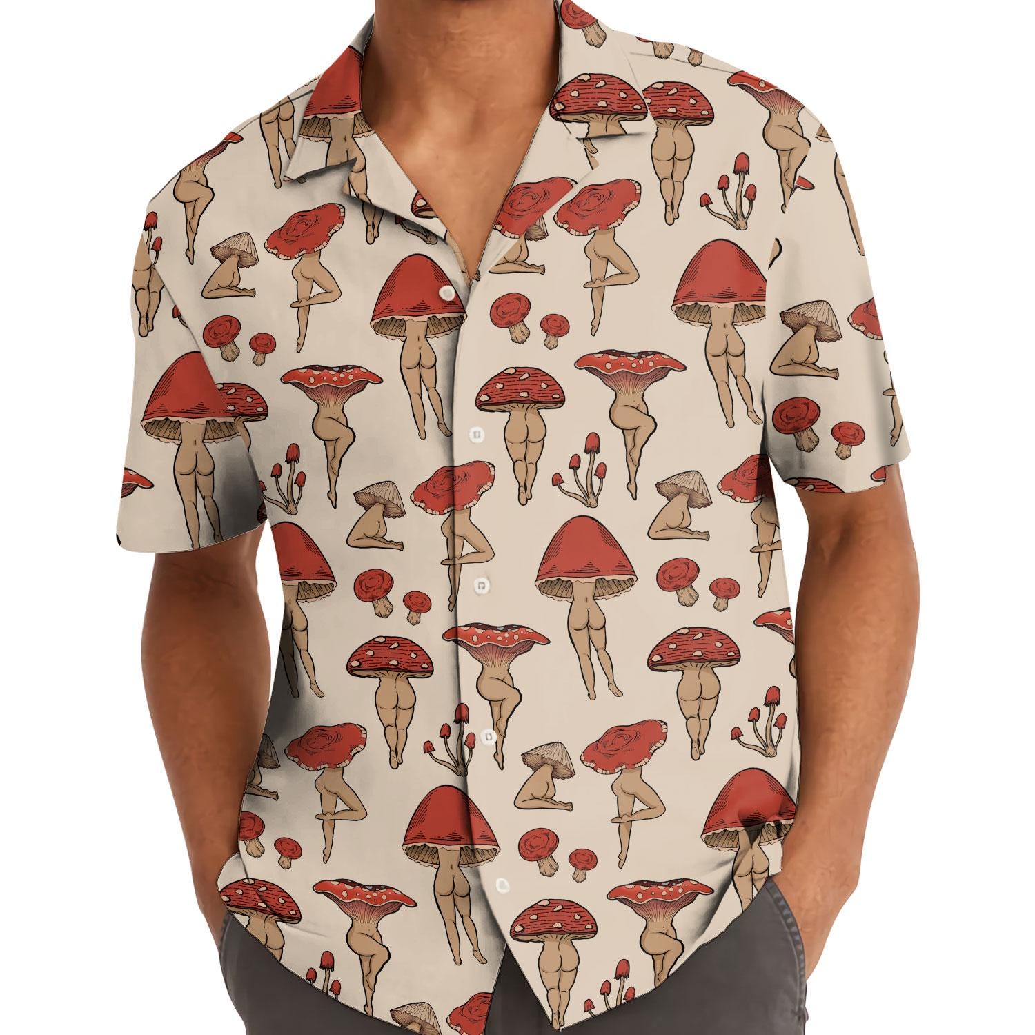 Model wearing cream mushroom print Hawaiian shirt outdoors