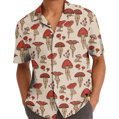 Model wearing cream mushroom print Hawaiian shirt outdoors