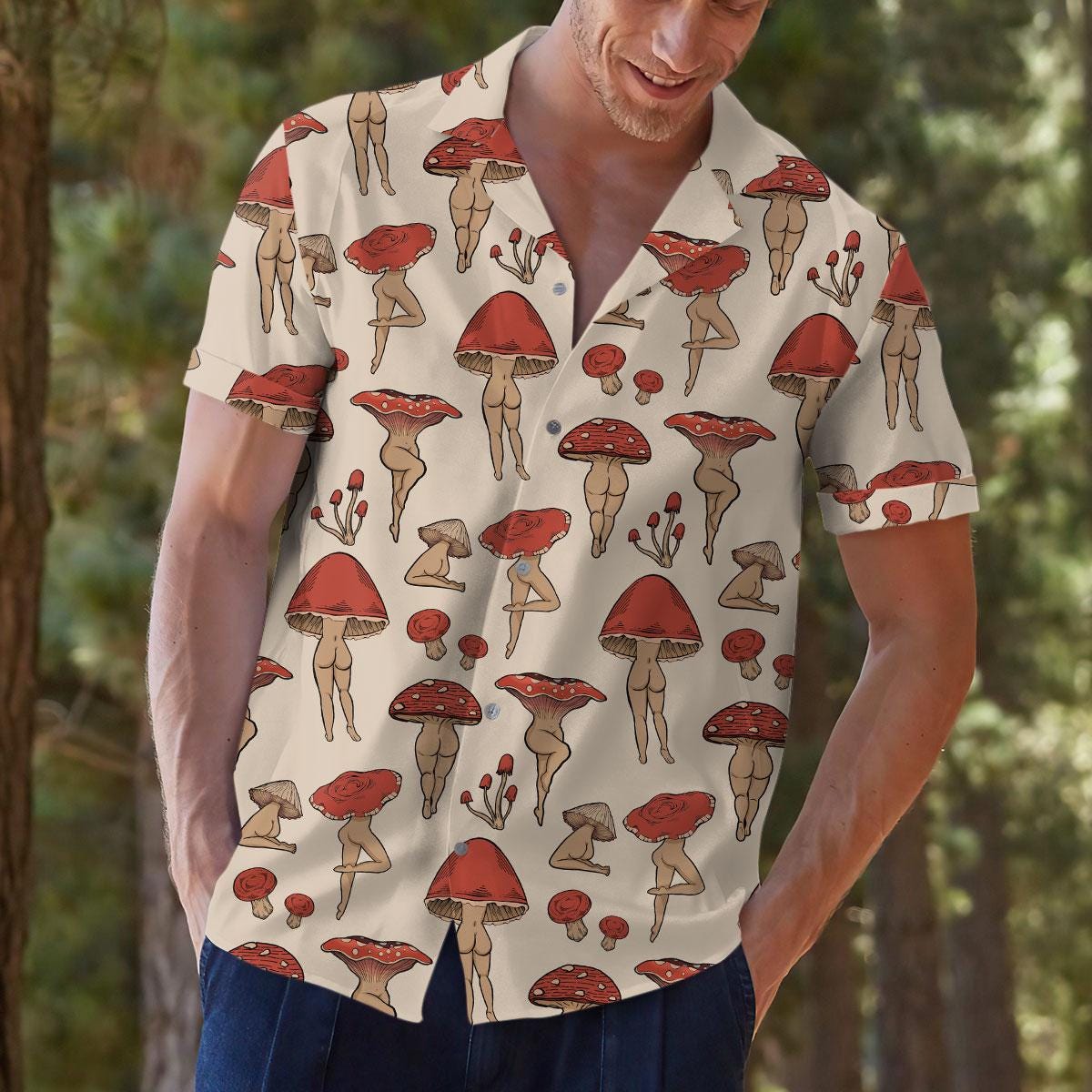 Model wearing red toadstool Hawaiian shirt with jeans