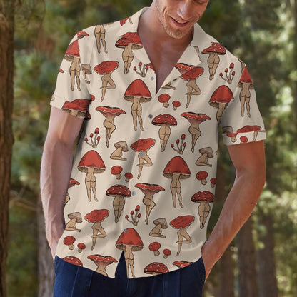 Model wearing red toadstool Hawaiian shirt with jeans