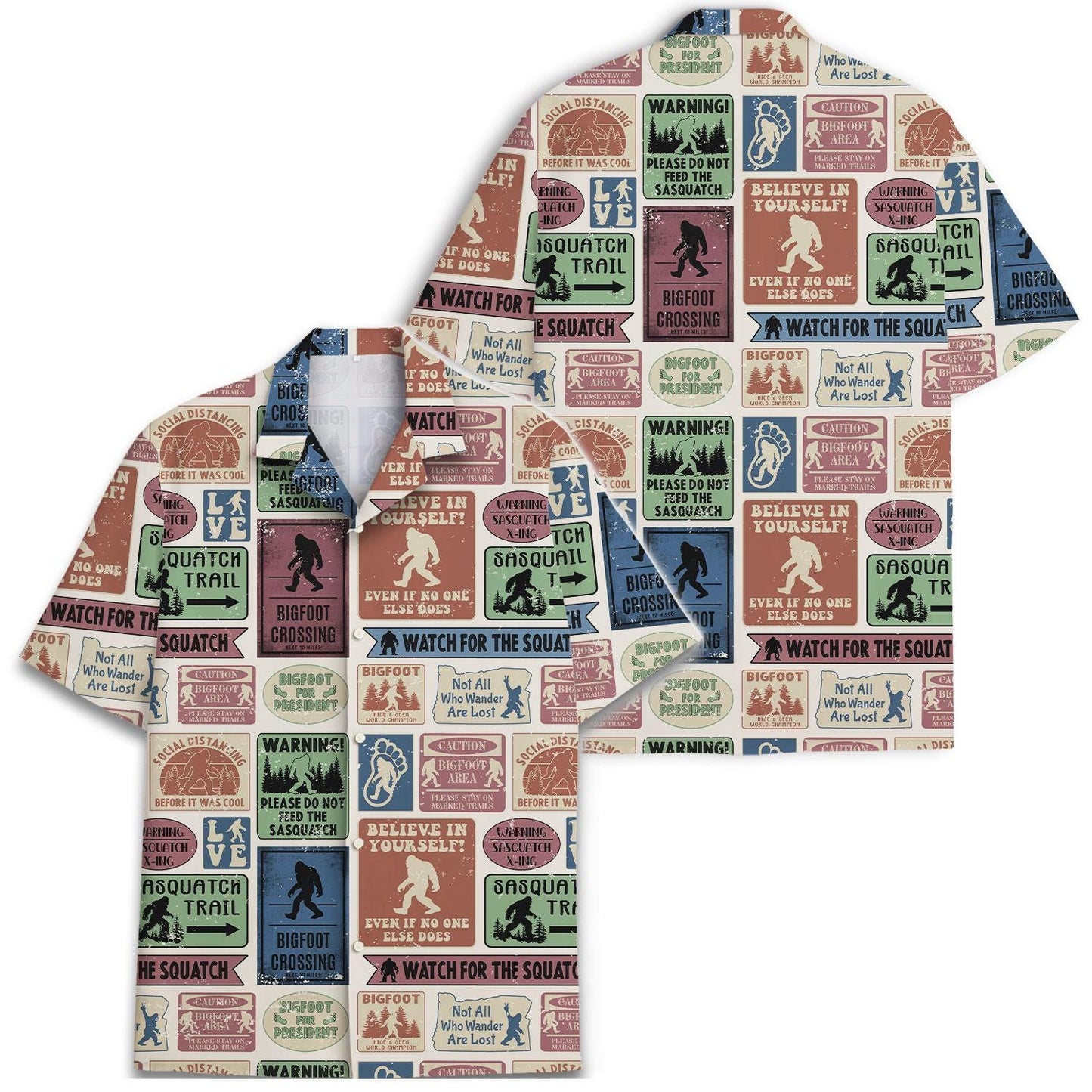Two views of the Sasquatch Hawaiian shirt showing its patterned front and back