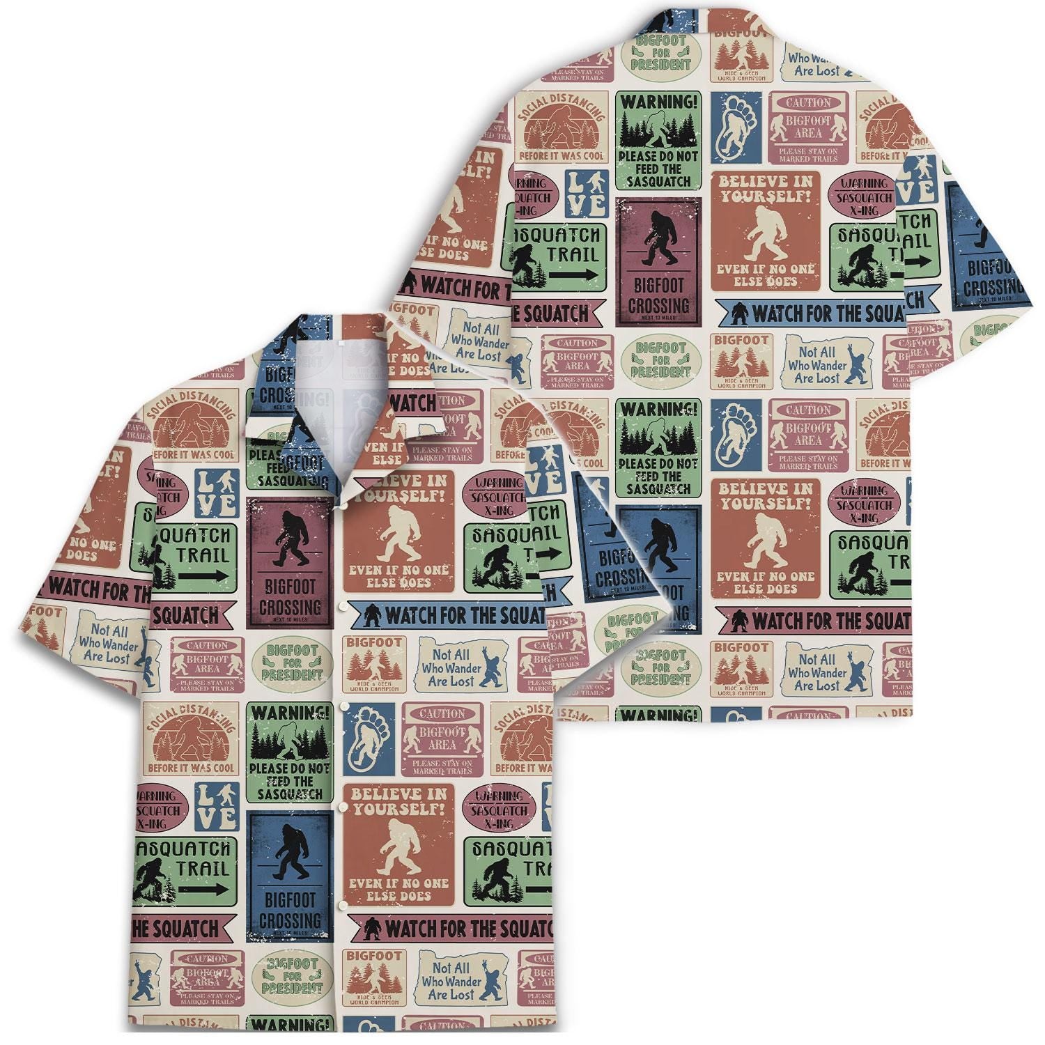Two views of the Sasquatch Hawaiian shirt showing its patterned front and back
