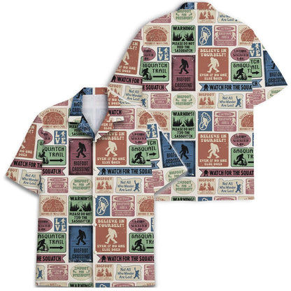 Two views of the Sasquatch Hawaiian shirt showing its patterned front and back