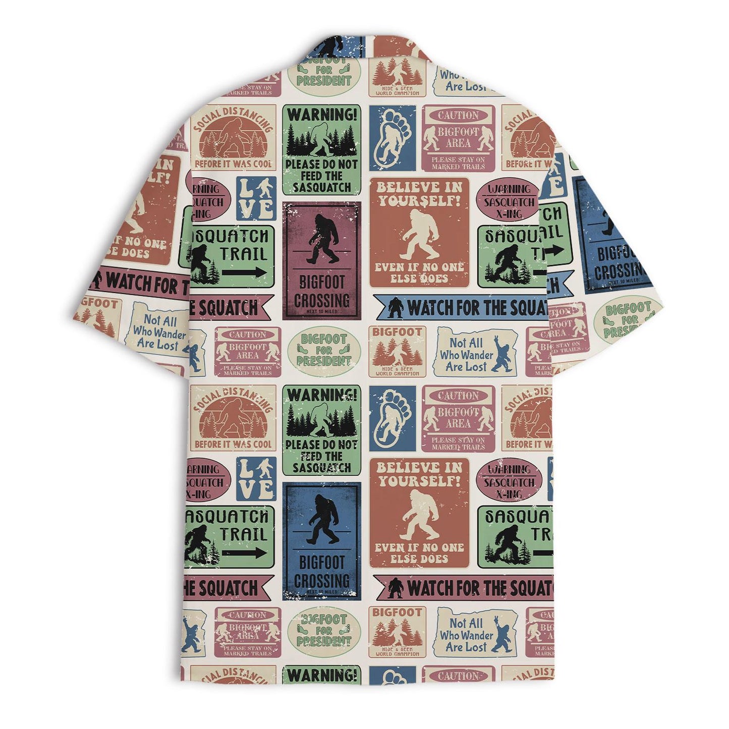 Front view of a short-sleeve Hawaiian shirt covered in vintage-style Bigfoot and trail signs