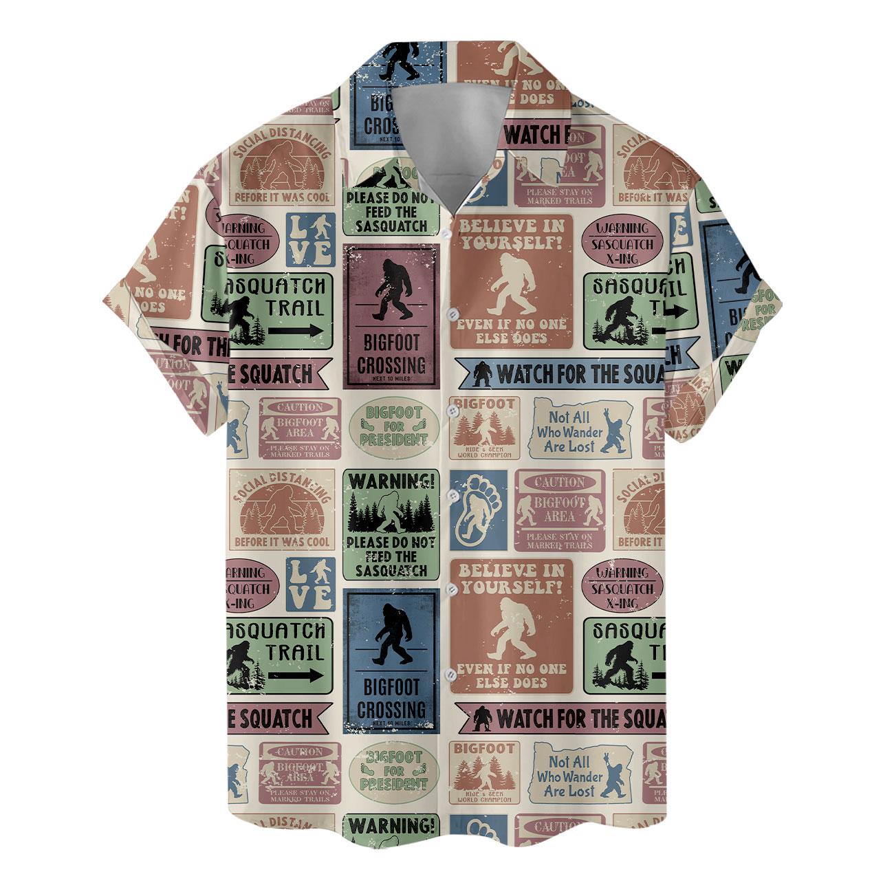 Back view of the all-over Sasquatch trail sign Hawaiian shirt
