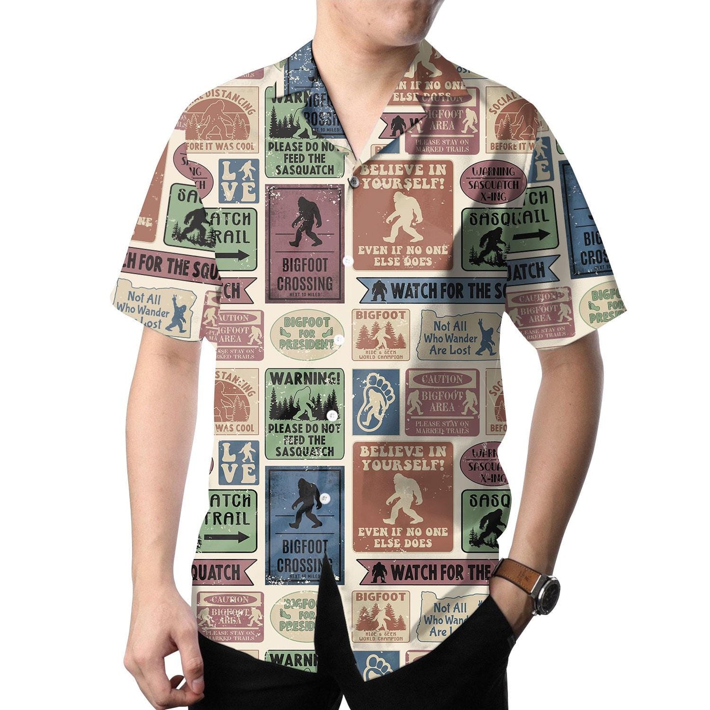 Model wearing the Sasquatch Hawaiian shirt with a collared button-front design