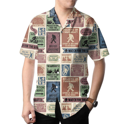 Model wearing the Sasquatch Hawaiian shirt with a collared button-front design
