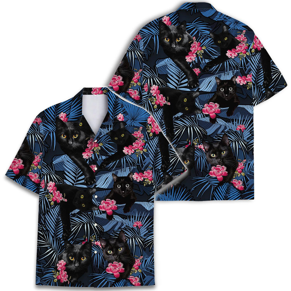 Back view of black cat Hawaiian shirt with tropical leaves and floral details
