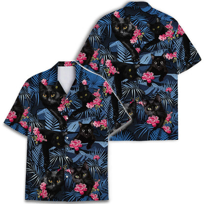 Back view of black cat Hawaiian shirt with tropical leaves and floral details