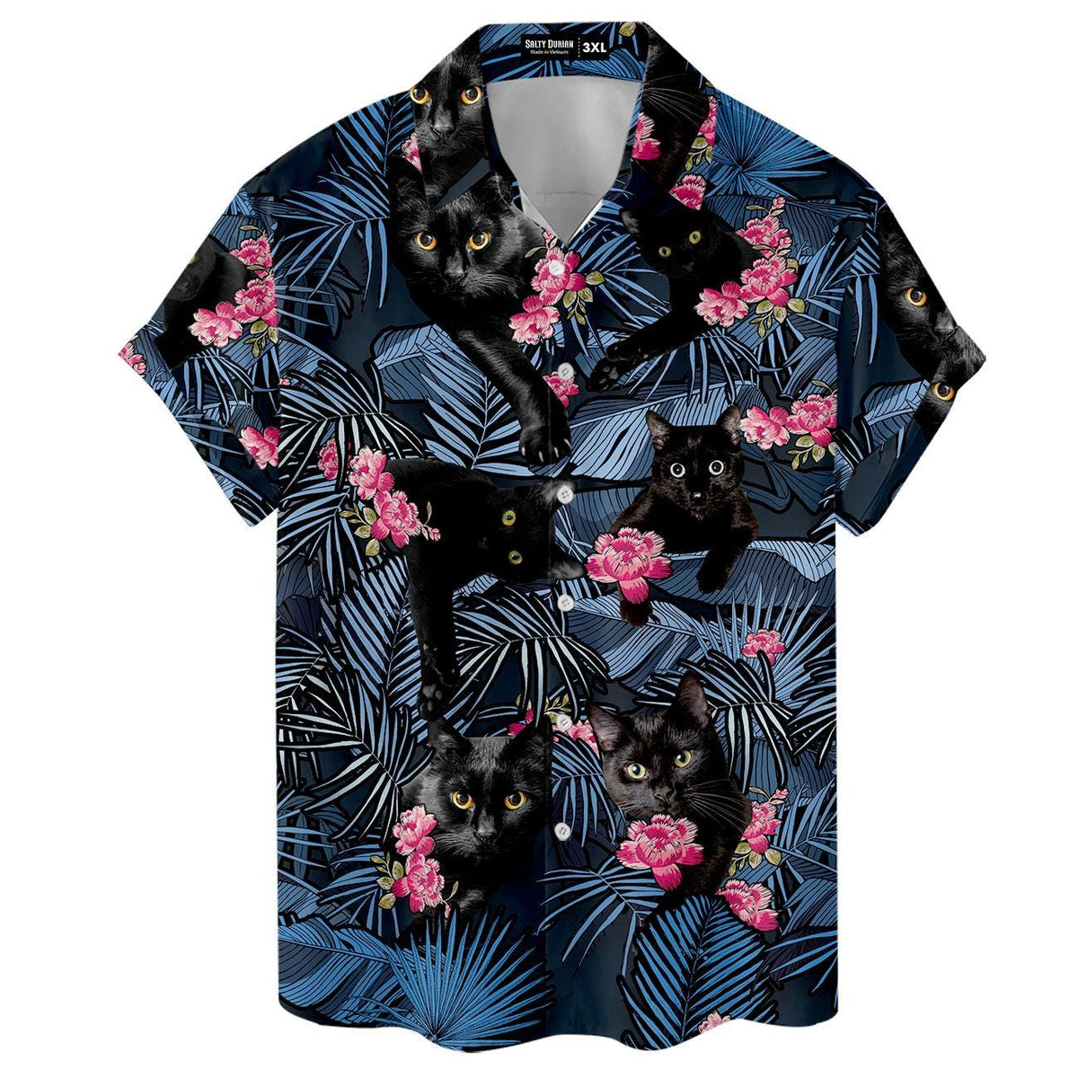 Close front view of black cat and pink flower Hawaiian shirt