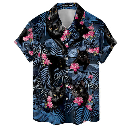 Close front view of black cat and pink flower Hawaiian shirt