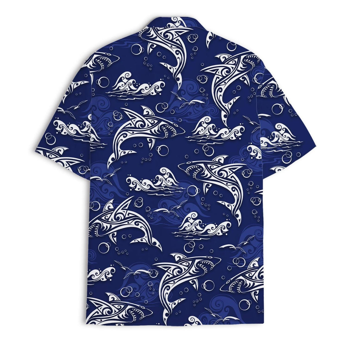 Back view of blue Hawaiian shirt with repeating white dolphin design