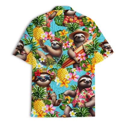 Bright tropical sloth shirt with pineapples and leafy foliage