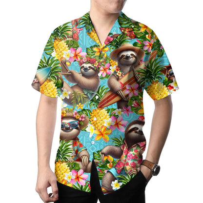Model wearing a colorful sloth Hawaiian shirt outdoors