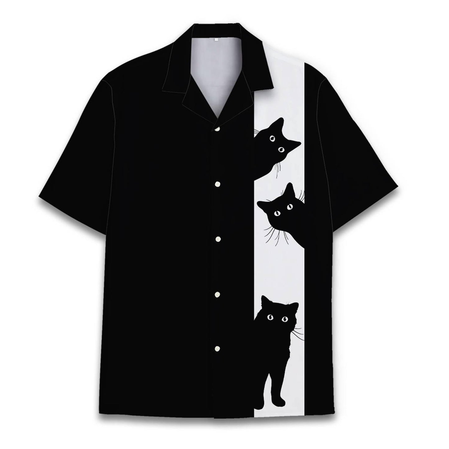 Front view of a black Hawaiian shirt with three black cats peeking from a white vertical stripe
