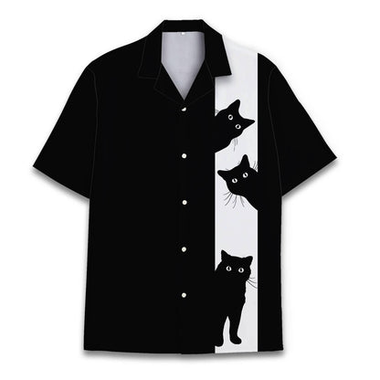 Front view of a black Hawaiian shirt with three black cats peeking from a white vertical stripe