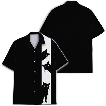 Front and back views of a black cat Hawaiian shirt with a white stripe design