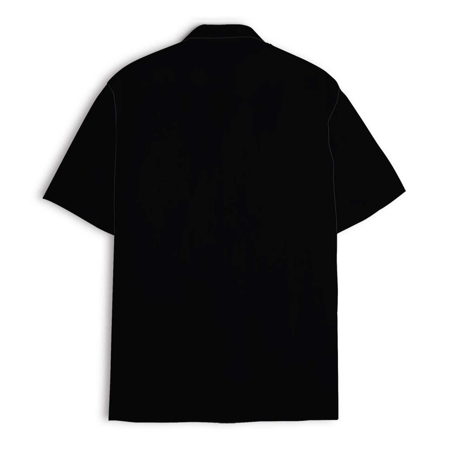 Back view of a plain black short-sleeve Hawaiian shirt