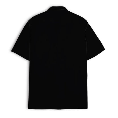 Back view of a plain black short-sleeve Hawaiian shirt