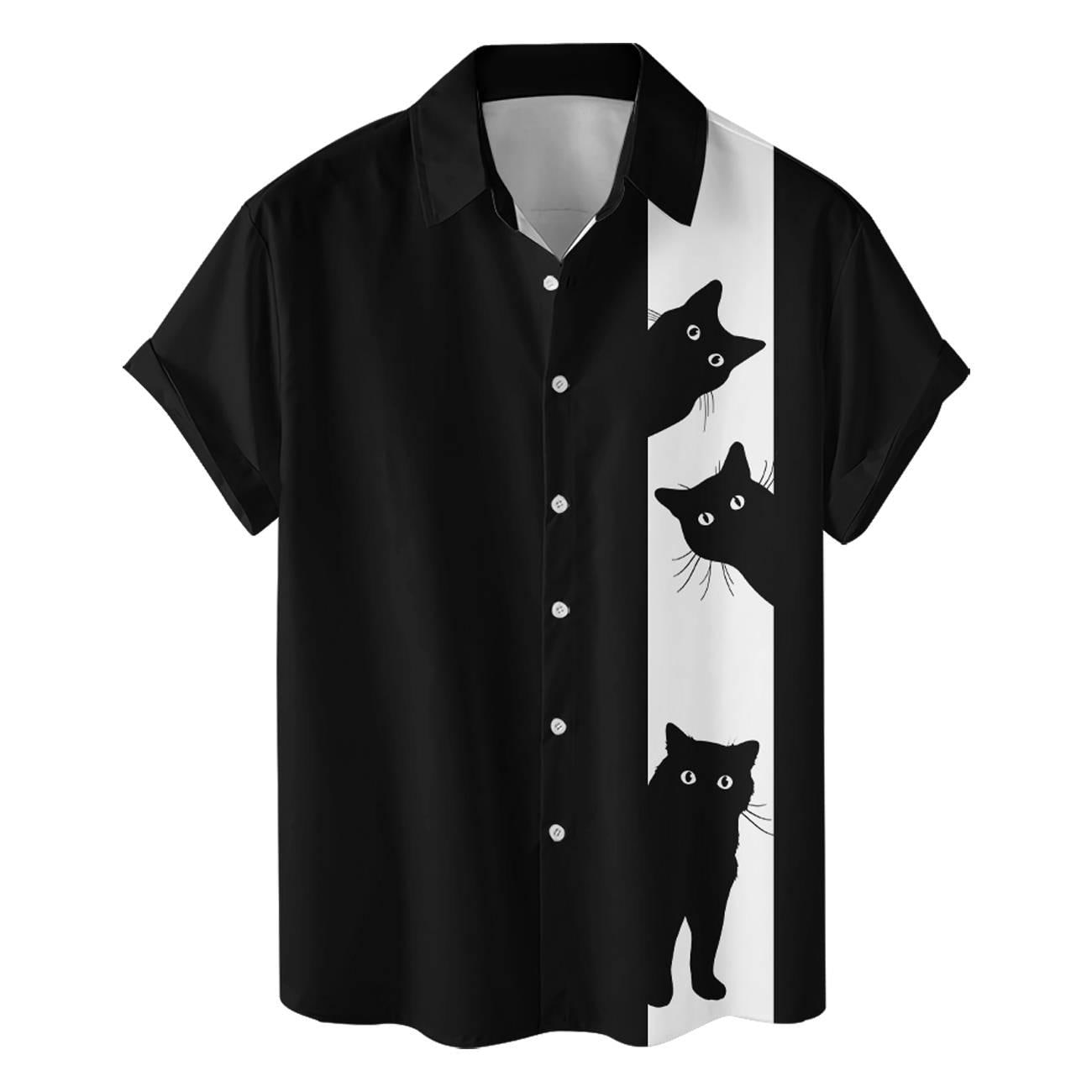 Front view of a black button-front shirt with playful cat silhouettes