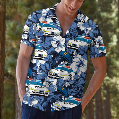 Man wearing novelty police car Hawaiian shirt outdoors