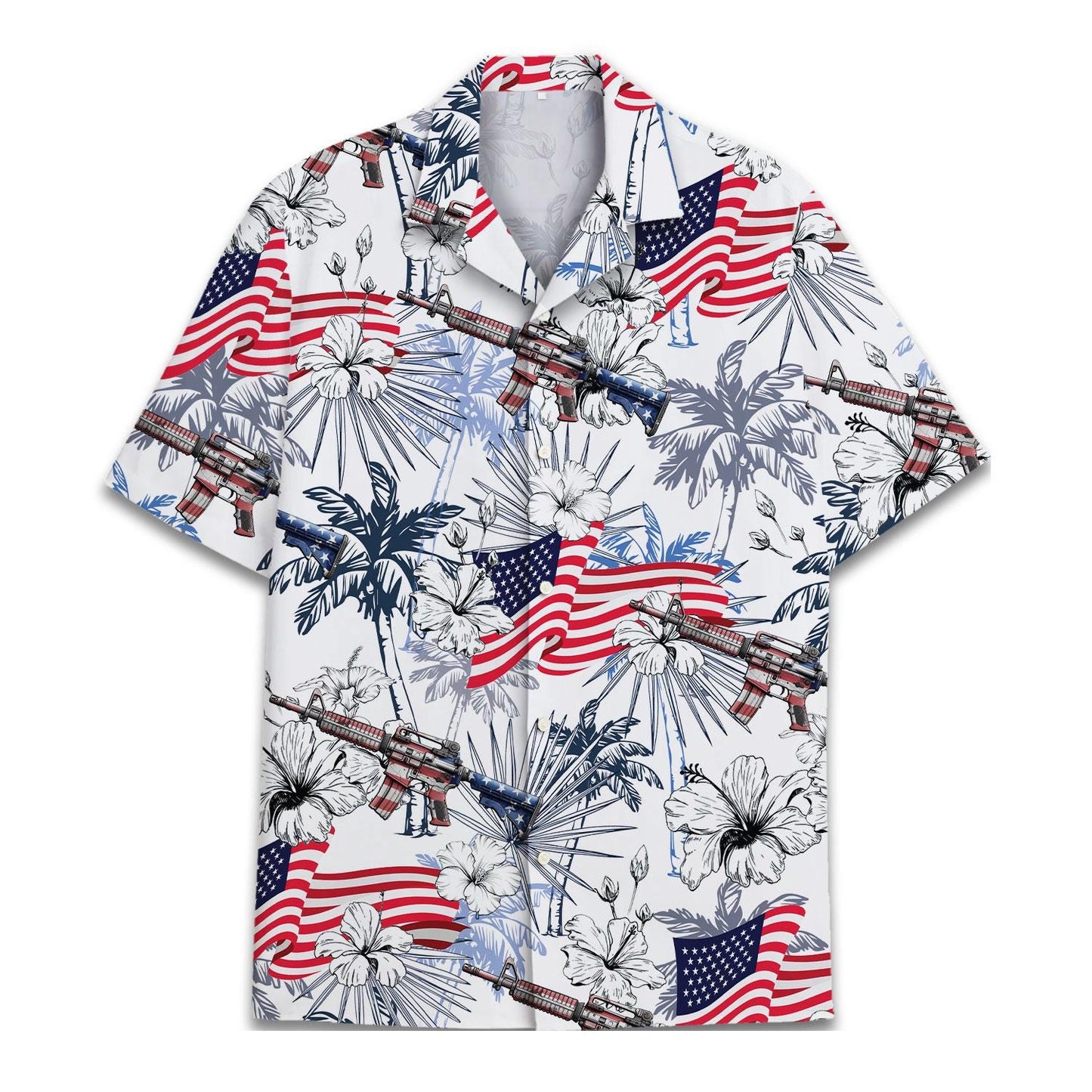 Front view of patriotic Hawaiian shirt with American flags, hibiscus flowers, palms, and rifle illustrations