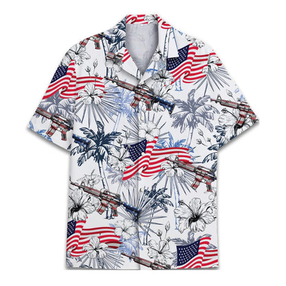 Front view of patriotic Hawaiian shirt with American flags, hibiscus flowers, palms, and rifle illustrations