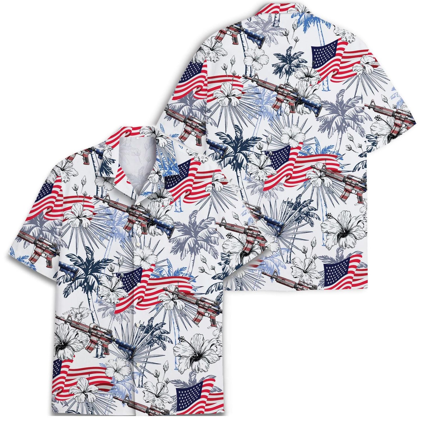 Front and back views of patriotic tropical Hawaiian shirt with flag and rifle print
